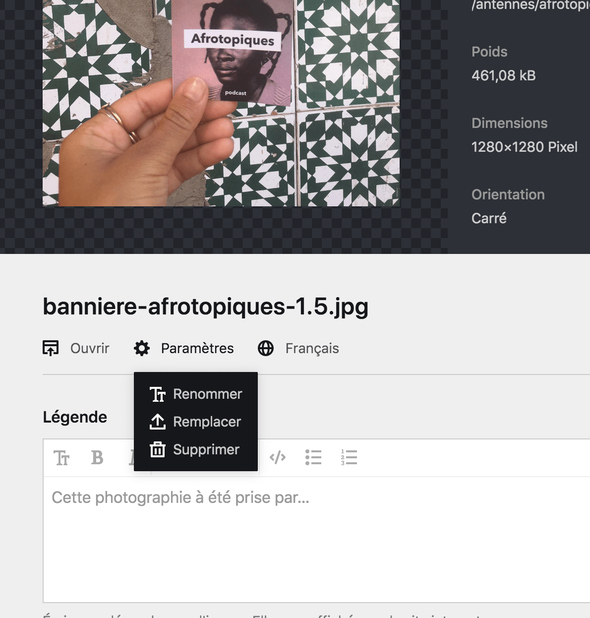 Paramètres d&rsquo;un fichier depuis sa page