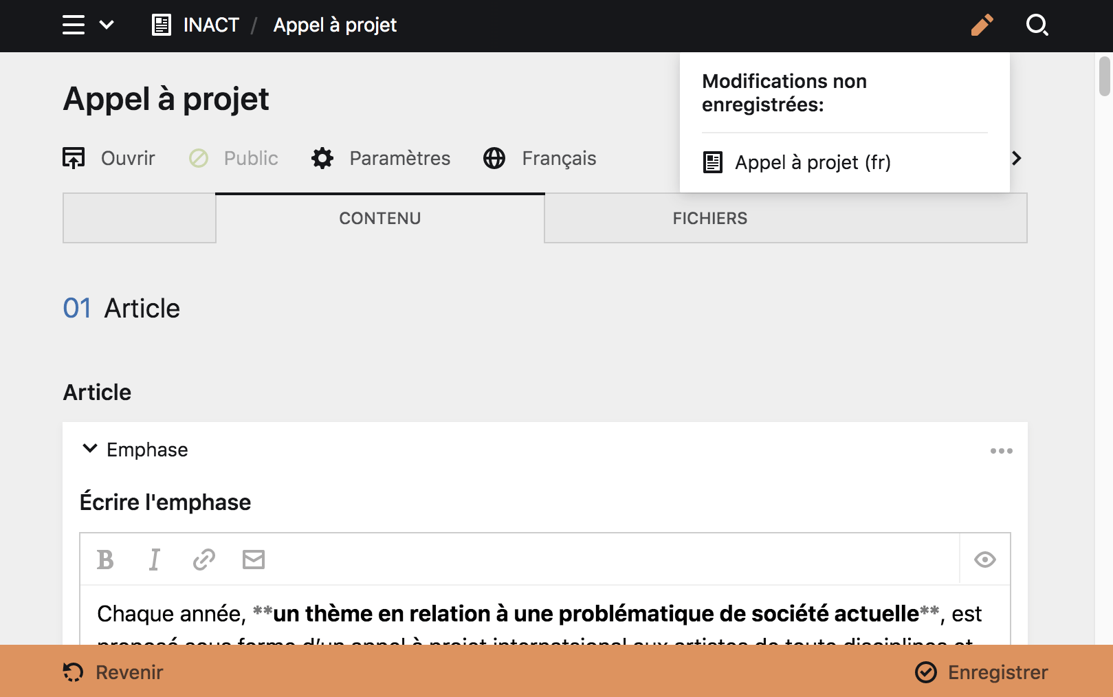 Aperçu des changements non sauvegardé