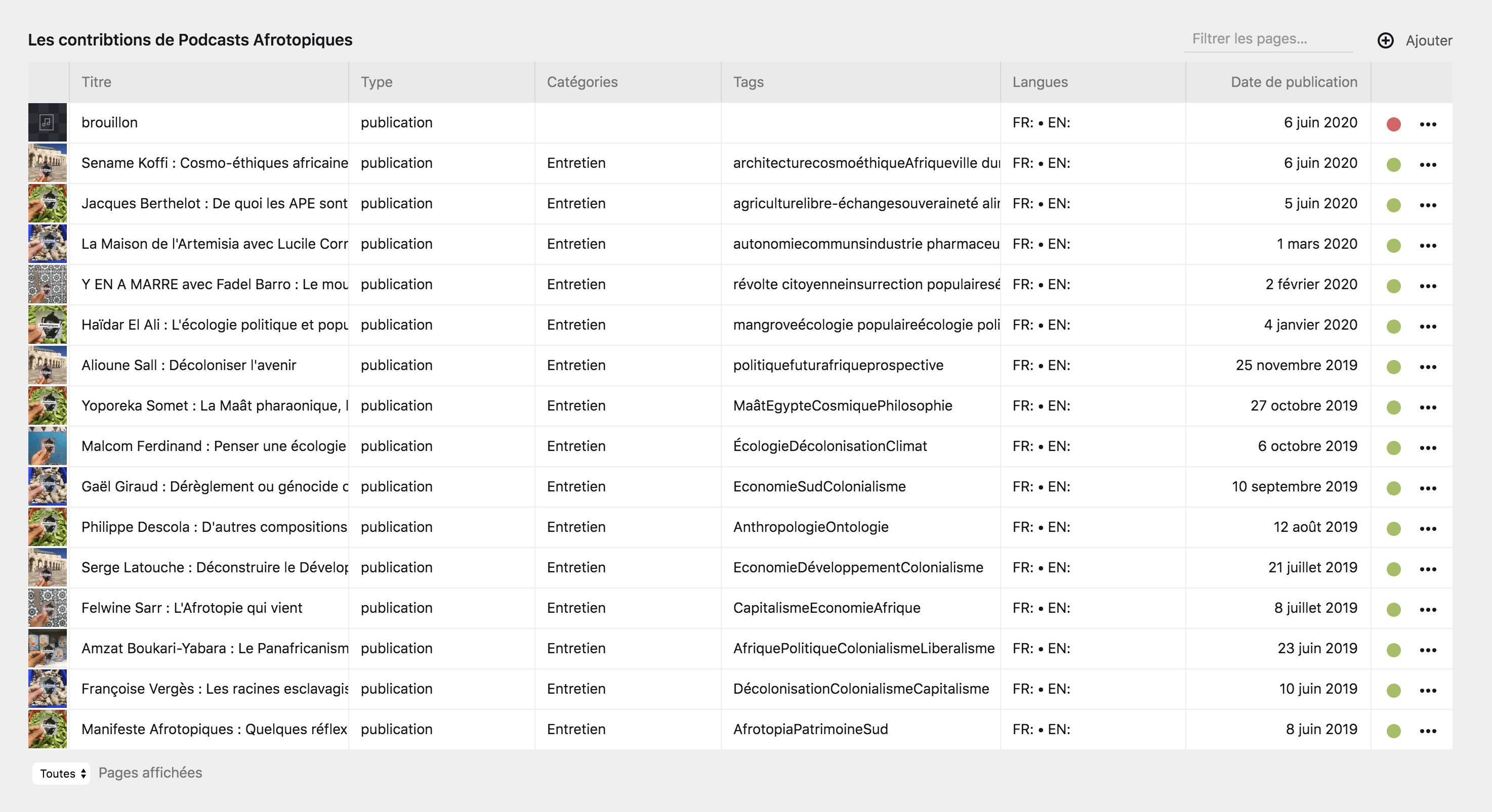Section de page en tableau
