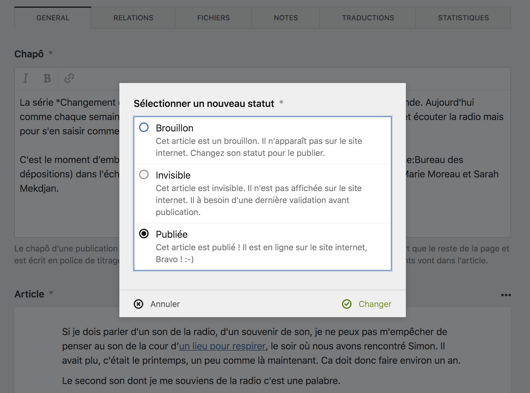 Changer le statuts d&rsquo;une page
