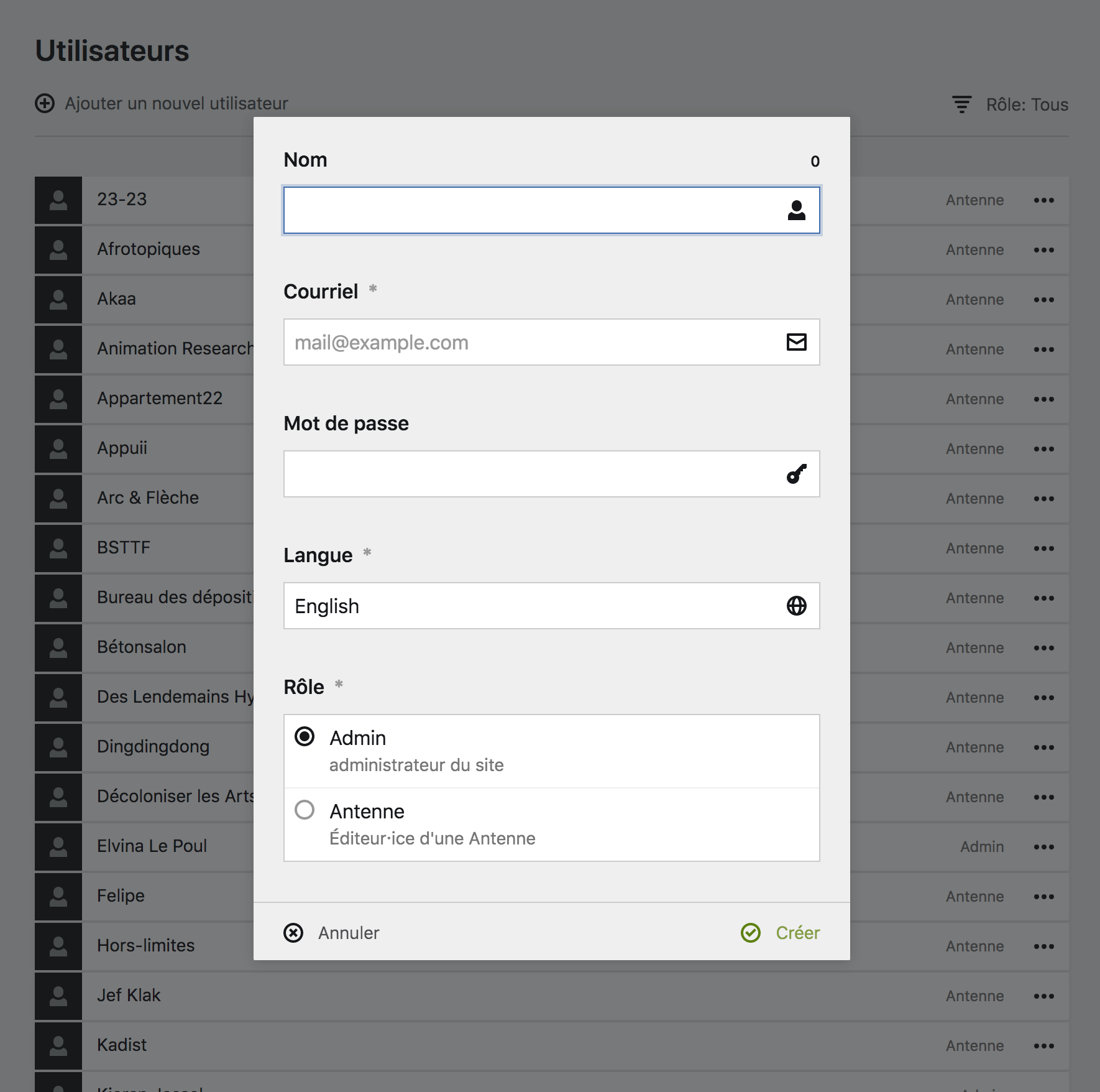 formulaire de création d’utilisateur
