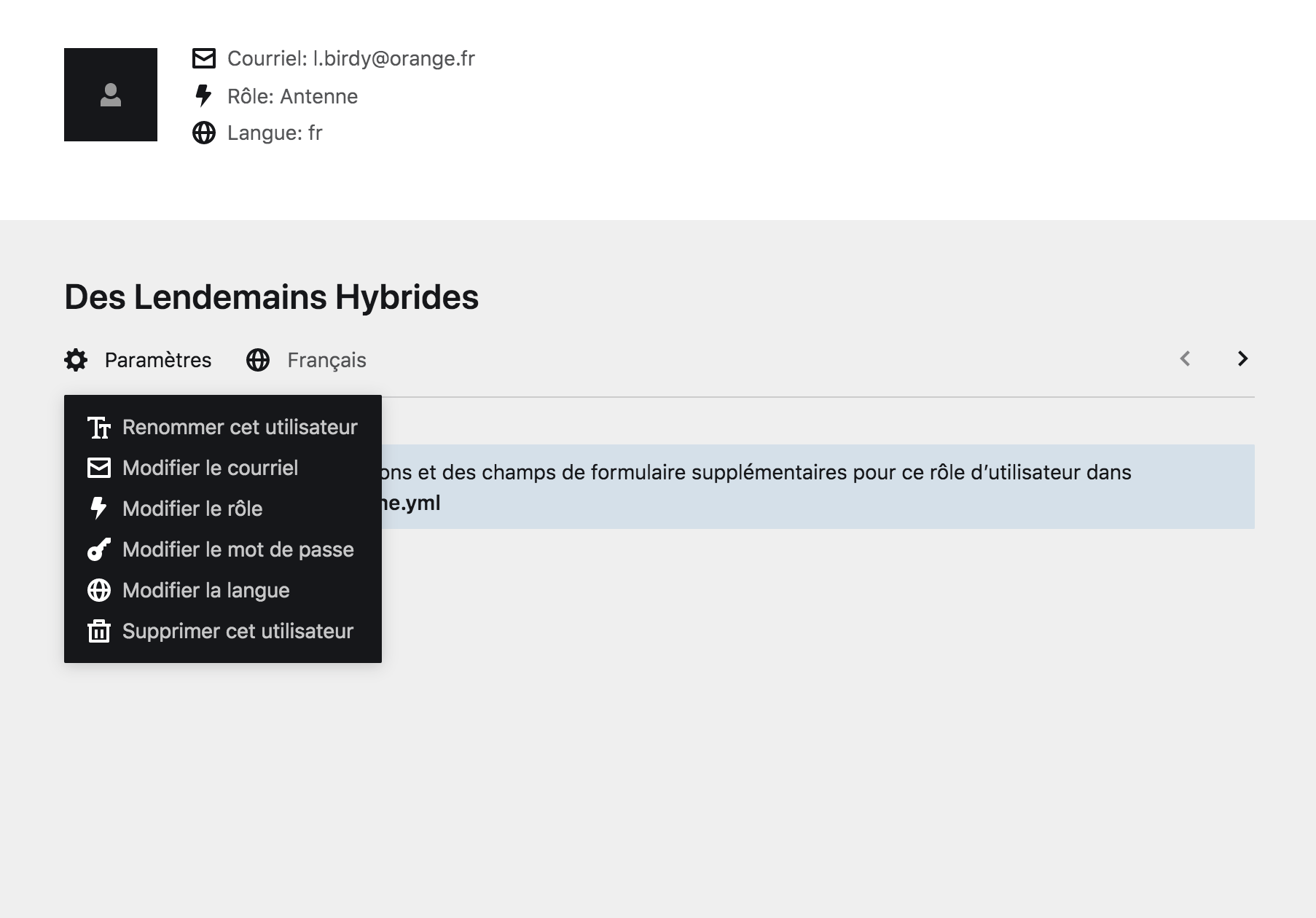 Option de compte à partir de la page Utilisateur